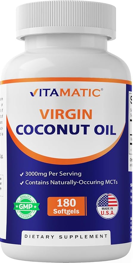 Vitamatic Virgin Coconut Oil Softgels, 3000 mg Per Serving, 60 Servings, 180 Count, Non-GMO, Gluten Free