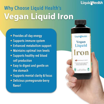 LIQUIDHEALTH Vegan Liquid Iron Supplement with SunActive & Ferrochel Iron - Natural Energy, Immune System & Metabolic Support, Increase Mental Clarity, Prenatal/Postnatal - USA Made, Non-GMO (16 oz)