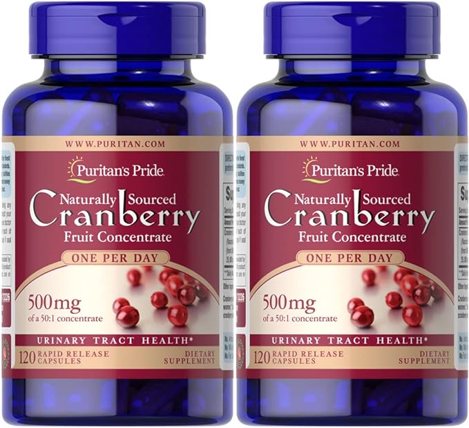 Puritan's Pride Naturally Sourced Cranberry One Per Day Fruit Concentrate 500mg, 50:1 Dietary Supplement for Urinary Tract Support, 4 Month Supply, 120 Rapid Release Capsules, 2 Pack
