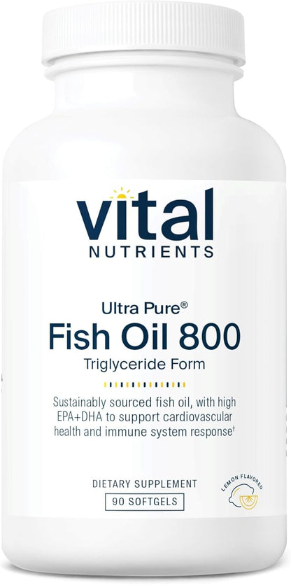 Vital Nutrients Ultra Pure® Fish Oil 800 Triglyceride Form | Heart, Brain, & Immune Health* | Sustainably Sourced High EPA & DHA Omega-3 Fatty Acid | Lemon Flavor | Gluten, Dairy, Soy Free | 90 Count