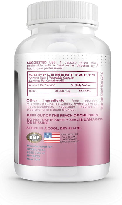 Biotin 10,000MCG Capsules Hair Growth for Women and Men - Vitamin B7 Pills - High Potency Supplement for Healthy Skin Nails and Hair Transplant