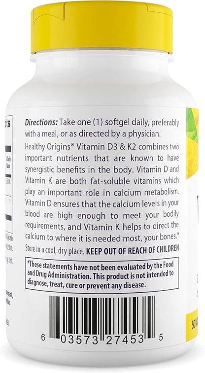 Healthy Origins Vitamin D3 & K2 - Vitamin D3, 50 mcg - Vitamin K2, 200 mcg - Easily Absorbable Vitamin D & Vitamin K Supplements - Non-GMO & Gluten-Free Supplements - 180 Softgels