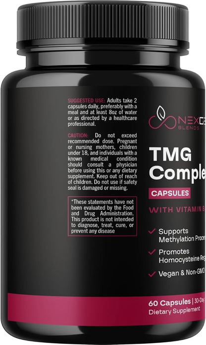 TMG Trimethylglycine Supplement with Methyl B Complex - 500mg Betaine TMG Supplement with Methylated Vitamin B Co Factors for Homocysteine Heart & Liver Support - Vegan & Non-GMO (1 Month Supply)