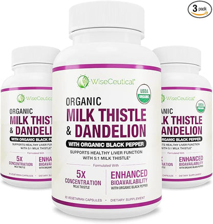 Max Absorption USDA Organic Milk Thistle Potent 5:1 Concentrated Extract (2000mg Strength) & Organic Dandelion Root | Silymarin Antioxidant Flavonoid | Liver Support Supplement (60 Count (Pack of 3))