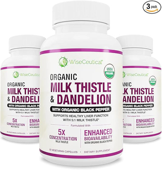 Max Absorption USDA Organic Milk Thistle Potent 5:1 Concentrated Extract (2000mg Strength) & Organic Dandelion Root | Silymarin Antioxidant Flavonoid | Liver Support Supplement (60 Count (Pack of 3))
