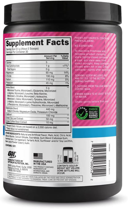 Optimum Nutrition Amino Energy Powder Plus Hydration, with BCAA, Electrolytes, and Caffeine, Watermelon Splash, 30 Servings (Packaging May Vary)