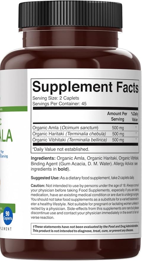 Brieofood Organic Triphala 1500mg, 45 Servings, Vegetarian, Gluten Free, 90 Vegetarian Tablets