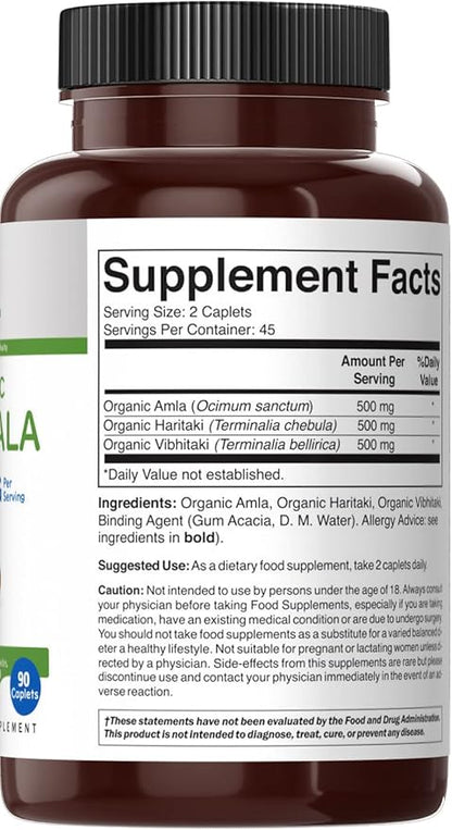 Brieofood Organic Triphala 1500mg, 45 Servings, Vegetarian, Gluten Free, 90 Vegetarian Tablets