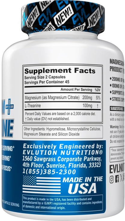 Evlution Nutrition Magnesium + L-Theanine - Natural Relaxation & Focus Support - 200mg Magnesium + 100mg L-Theanine - Vegan & Non-GMO - Dietary Supplement - 45 Servings - 90 Veggie Capsules