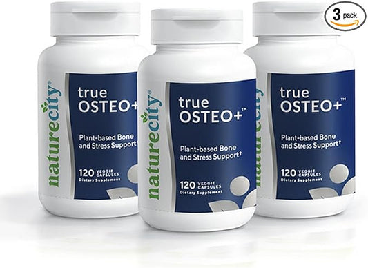 NatureCity True-Osteo+ for Bone Strength & Density | Plant Based Calcium Supplement with Organic AlgaeCal Calcium & Magnesium, Vitamin D3, K2, Silicon & Stress Support | 360 Veggie Capsules
