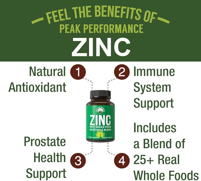 Vegan Zinc Supplement with Vitamin C + Whole Food Blend of 25 Vegetables and Fruits for Max Absorption. Zinc Supplements 30mg Capsules, Pills, Tablets, Vitamins for Adults Both Men and Women