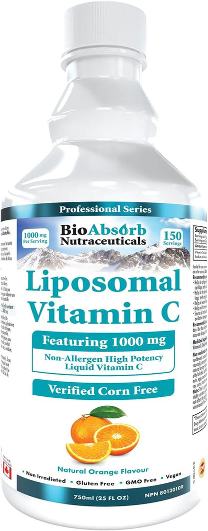 Bio Absorb Liposomal Vitamin C 1000mg. 150 Servings of Corn-Free Liquid Vitamin C. Non GMO. Soy-Free. Vegan. Natural Orange Flavor (25oz)