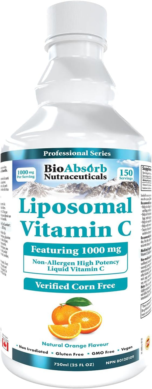 Bio Absorb Liposomal Vitamin C 1000mg. 150 Servings of Corn-Free Liquid Vitamin C. Non GMO. Soy-Free. Vegan. Natural Orange Flavor (25oz)