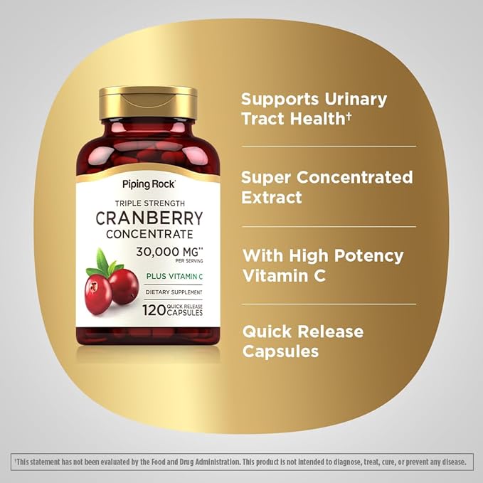 Piping Rock Cranberry Pills | 30,000 mg | 120 Capsules | Supplement for Women & Men | Triple Strength Concentrate Extract Plus Vitamin C | Non-GMO, Gluten Free