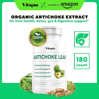 Organic Artichoke Leaf Extract for Healthy Digestion, Liver Health & Functions, Antioxidant Support - 10:1 Ratio & 180 Veggie Capsules - Non-GMO, Gluten-Free, Vegan-Friendly