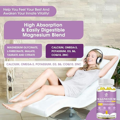 Magnesium Glycinate Gummies with Magnesium Malate, Taurate, Citrate, Potassium Complex Supplement with CoQ10, Calcium, Supports for Memory, Bone, Calm, Sleep, 60 Pineapple Gummies