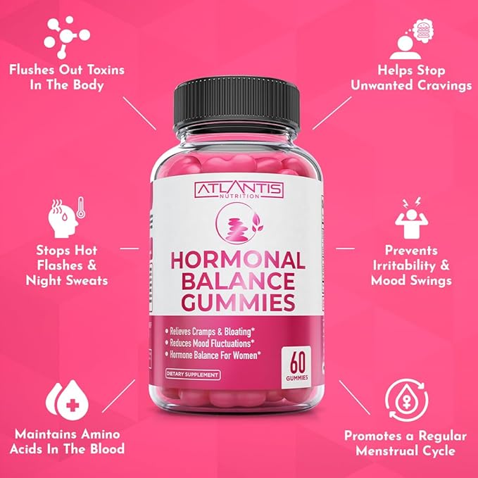 Atlantis Nutrition Hormonal Balance for Women & PMS Relief Gummies - Alleviates Cramps, Bloating, Mood Swings, Hot Flashes & Night Sweats - Cranberry, Dong Quai & Chasteberry Menstrual Cramp Relief