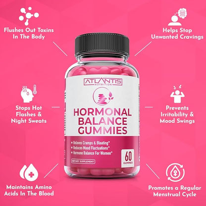 Atlantis Nutrition Hormonal Balance for Women & PMS Relief Gummies - Alleviates Cramps, Bloating, Mood Swings, Hot Flashes & Night Sweats - Cranberry, Dong Quai & Chasteberry Menstrual Cramp Relief