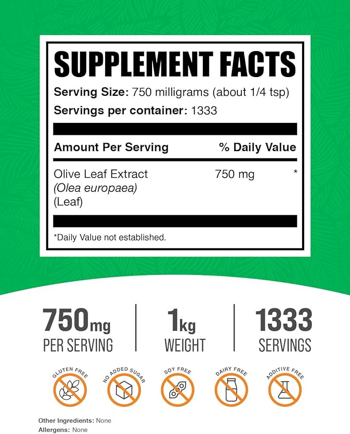 BulkSupplements.com Olive Leaf Extract Powder - Herbal Supplement, Antioxidant Source, Olive Leaf Powder - Gluten Free, 750mg per Serving, 1kg (2.2 lbs) (Pack of 1)