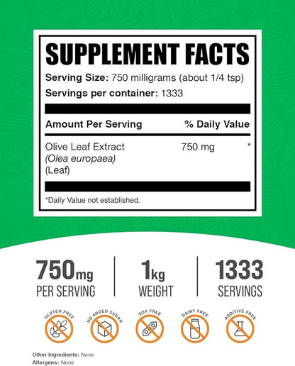 BulkSupplements.com Olive Leaf Extract Powder - Herbal Supplement, Antioxidant Source, Olive Leaf Powder - Gluten Free, 750mg per Serving, 1kg (2.2 lbs) (Pack of 1)