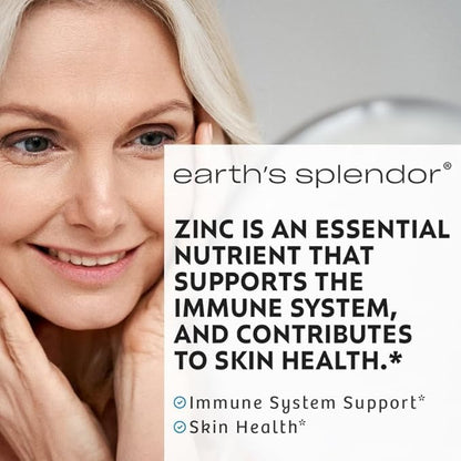 Earth's Splendor Immune Support Dietary Supplements, with Zinc 50mg, Helps Maintain Skin Health, Wheat Free, No Artificial Color or Flavor, Mineral Supplements for Men & Women (100 Tablets)