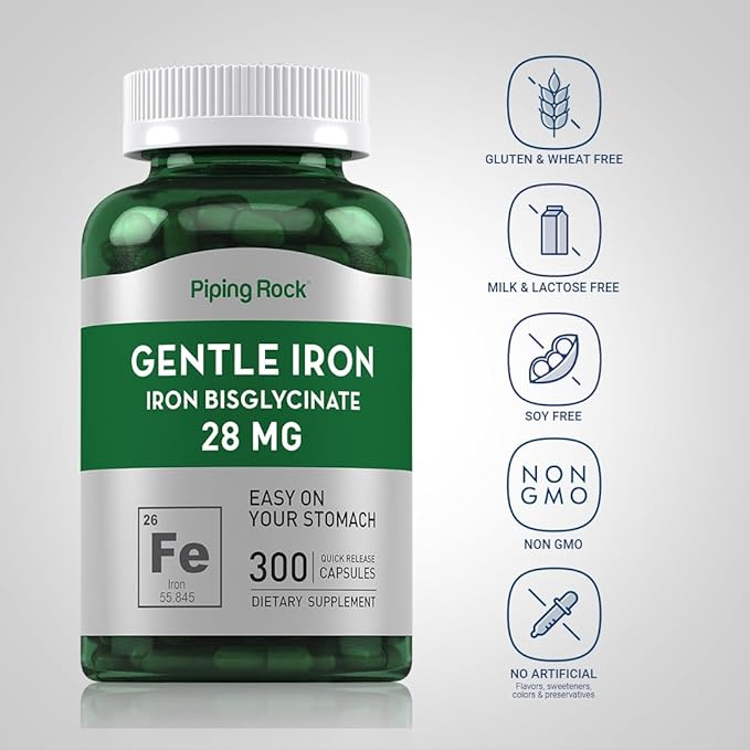 Piping Rock Iron Bisglycinate 28 mg | 300 Capsules | Gentle Iron Supplement | Non-GMO & Gluten Free