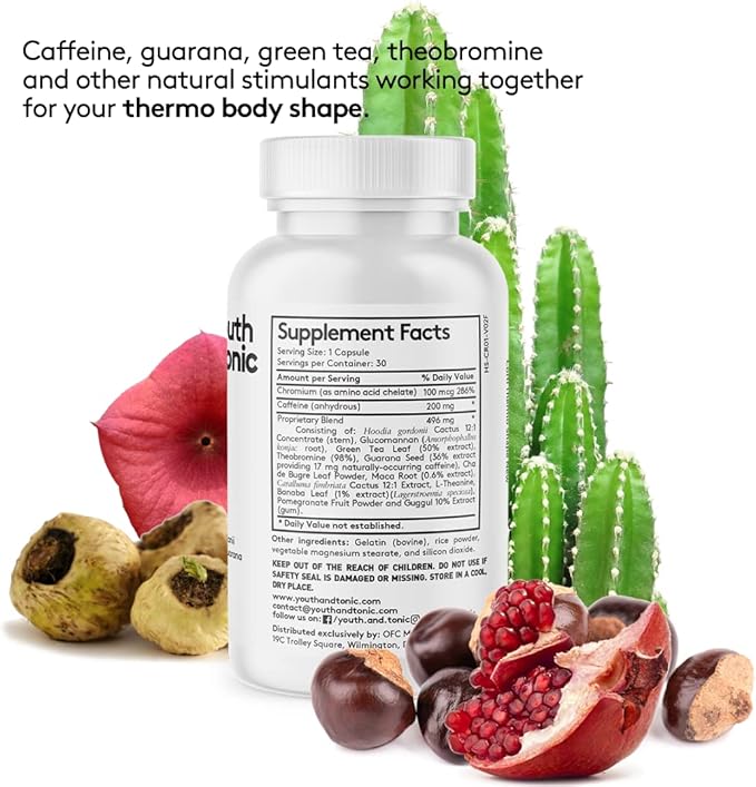 Youth & Tonic Thermogenic Supplement 30 Capsules as Advanced Diet Support for Energy Metabolism Focus for Men and Women with Caffeine Chromium Glucomannan Guarana Hoodia Gordonii