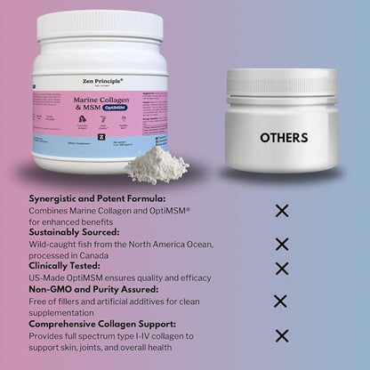 Zen Principle Marine Collagen Peptides Powder with OptiMSM® Supplement. Clinically Tested for Skin Support. Wild-Caught Fish, Non-GMO. Container 16 oz