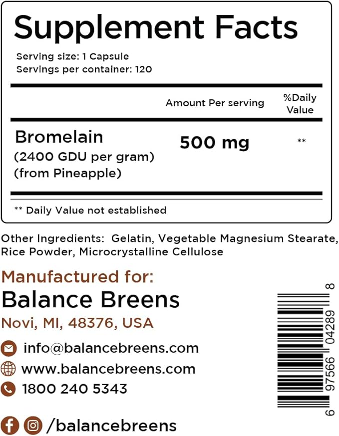Balancebreens Bromelain 500mg, 120 Capsules - Pineapple Extract Digestive Enzyme, Supports Digestion and Joint Health Supplement