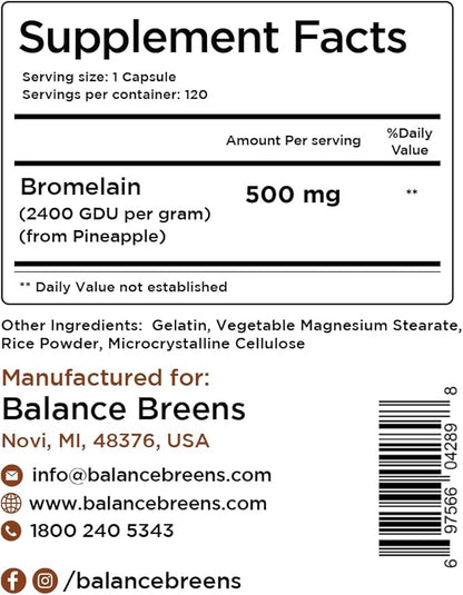 Balancebreens Bromelain 500mg, 120 Capsules - Pineapple Extract Digestive Enzyme, Supports Digestion and Joint Health Supplement