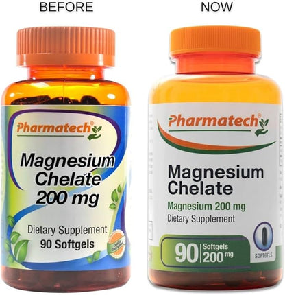 Magnesium Chelate 200 mg, Glycinate, High Absorption Magnesium, 100% Chelated, Better Sleep, Stress Relief, Improve Energy, for Women and Men, 90 Softgels, by Pharmatech ®