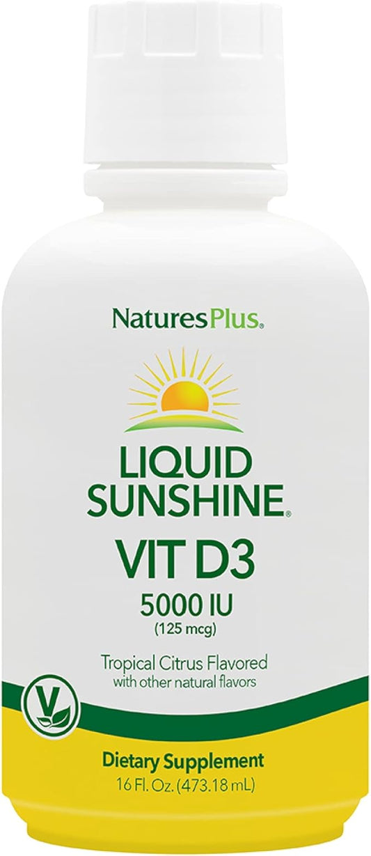 Natures Plus Liquid Sunshine Vitamin D3-5000 IU, 16 fl oz - Delicious Tropical Citrus Flavor - Bone Health, Heart Health & Immune System Support Supplement - Gluten Free - 32 Servings