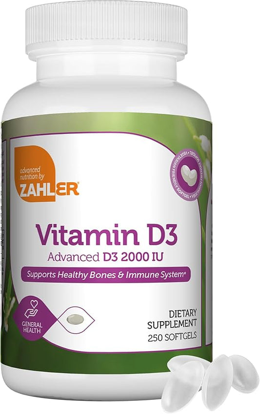 Zahler - Advanced Vitamin D3 2000 IU Softgels (250 Count) Kosher Vegetarian Friendly Vitamin D for Immune Support, Bone, Teeth & Muscle Health - Daily D3 Vitamin Supplement for Adults - Easy Swallow V