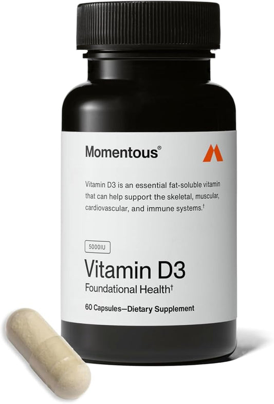 Momentous Vitamin D3 Supplement - 5000 IU Capsules for Foundational Health Support - NSF Certified, Gluten Free, 60 Servings
