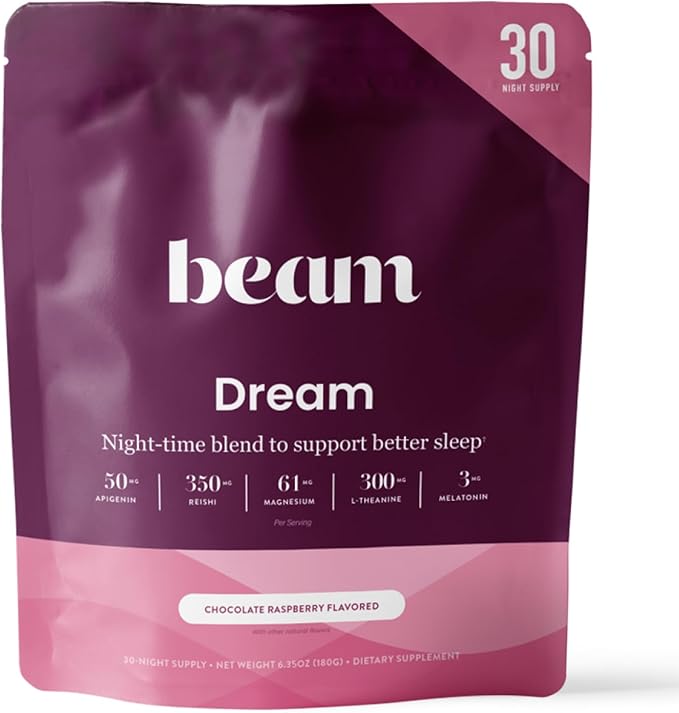 Beam Dream Sleep Powder, Natural Sleep Aid and Magnesium Hot Cocoa Drink for Adults, Calming Sleep Supplement with Apigenin, Nighttime Sleep Drink Powder, Third Party Tested Supplement, 30 Servings