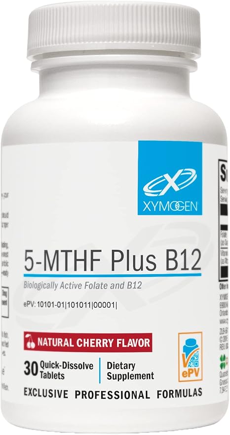 XYMOGEN 5-MTHF Plus B12 - Biologically Active L Methylfolate Supplement - Support Methylation & Nervous System Health - Great-Tasting Cherry Flavor (30 Quick-Dissolve Tablets)