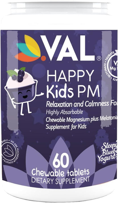 VAL Sugar-Free Calm Magnesium for Kids PM Chewable Tablets | Magnesium Glycinate, Citrate & Taurate | Melatonin & Vitamins B6 & C | Bedtime Support | Non-GMO | Blueberry Yogurt Flavor | 60 Count