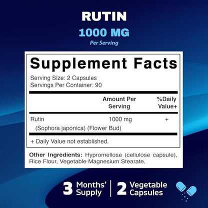 Vitamatic Rutin 1000mg Supplement, 90 Servings, Bioflavonoid, Free Radical Scavenger, Non-GMO, Gluten Free, Vegetarian