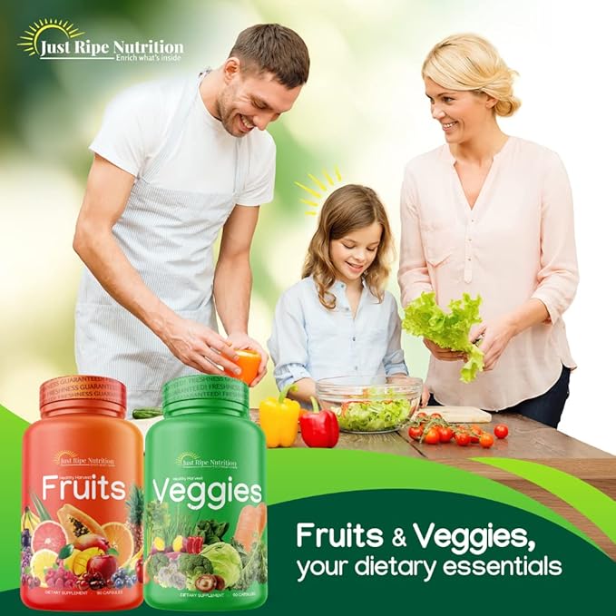 Fruits and Veggies Supplement - 90 Fruit and 90 Vegetable Capsules - 100% Whole Natural Superfood - Filled with Vitamins and Minerals - Supports Energy Levels (2 Pack)