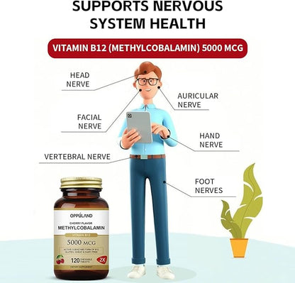 Methyl B-12 5000mcg Chewable with Folate - Vitamin B12 Methylcobalamin Sublingual Tablets - Supports Energy & Brain Function - Vegan Supplement - Cherry Flavor - 120 Count