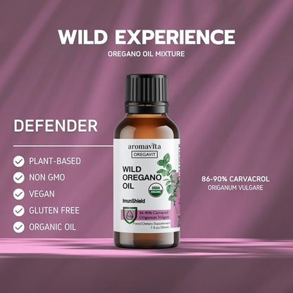 ImunShield Wild Oregano Oil Organic Liquid Drops - Hand-Picked Oregano with 86-90% Carvacrol for Immune and Digestive Support - Vegan, Non-GMO, Gluten-Free, 1 fl. oz./ 30ml