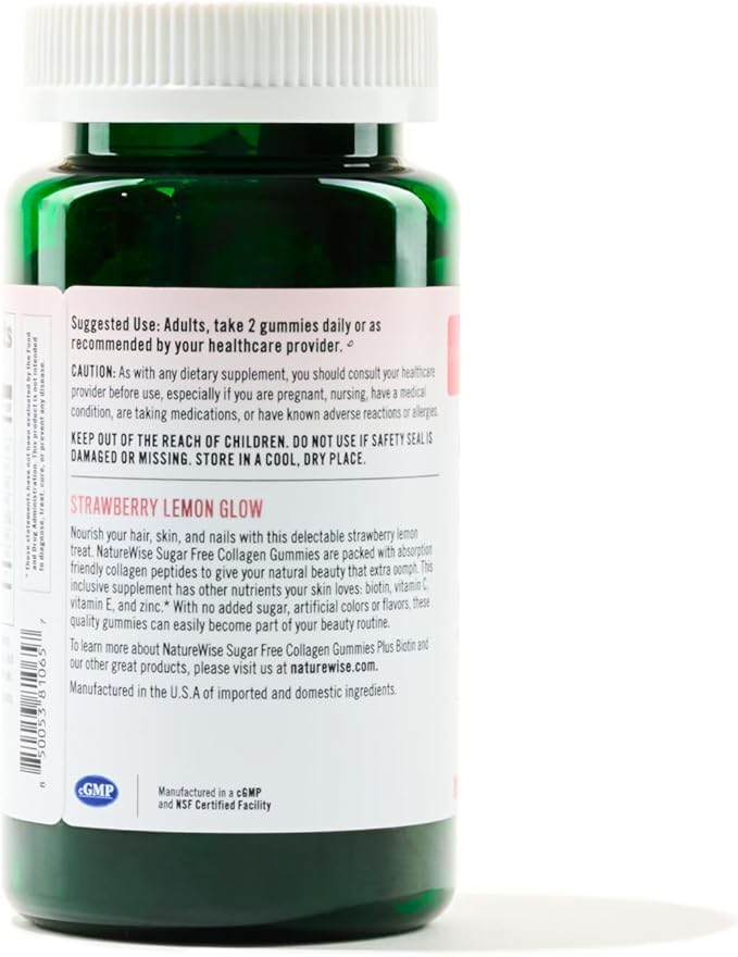 NatureWise Collagen Gummies - Sugar-Free Hydrolyzed Collagen Gummies - Type 1 & 3 Peptides for Women + Biotin, Vitamin C, E, & Zinc for Hair Skin and Nails Support - 60 Count[1-Month Supply]