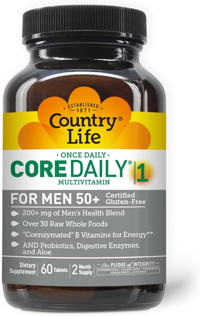 Country Life CORE Daily-1 Multivitamin for Men 50+ - Gluten-Free, Energy Support with Coenzymated B Vitamins, Probiotics, Whole Food and Digestive Enzymes, Certified Gluten Free, 60 Tablets