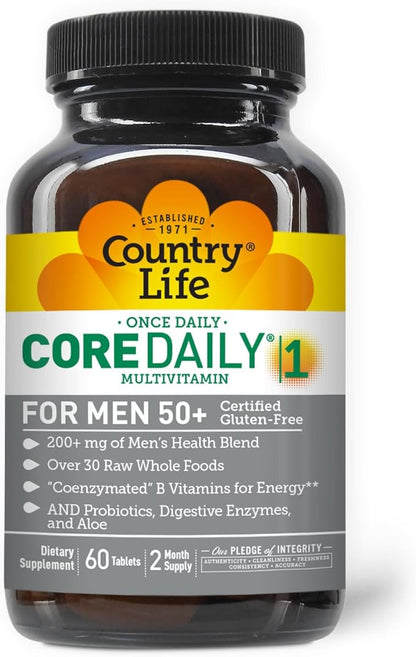 Country Life CORE Daily-1 Multivitamin for Men 50+ - Gluten-Free, Energy Support with Coenzymated B Vitamins, Probiotics, Whole Food and Digestive Enzymes, Certified Gluten Free, 60 Tablets