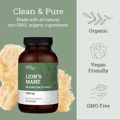 Earth Harmony Vegan Vitamin D3 5000 iu & Organic Lion's Mane 1000mg Supplement - 120 Capsules Each