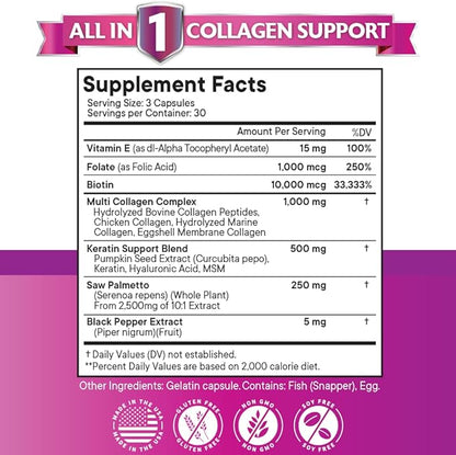 NEW AGE Collagen Pills Biotin Keratin Saw Palmetto Hyaluronic Acid - Vitamin E Folic Acid Pumpkin Seed MSM - 90 Count (Pack of 2)