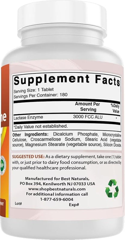 Best Naturals, Fast Acting Lactase Enzyme, 3000 FCC ALU, 180 Tablets (180 Count (Pack of 2))