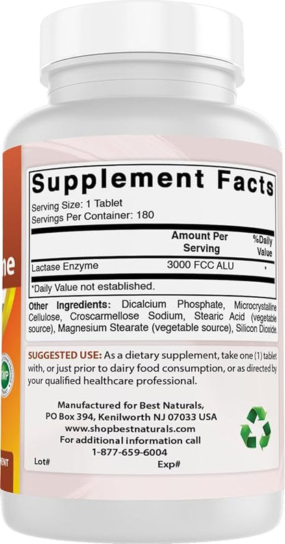 Best Naturals Fast Acting Lactase Enzyme Tablet, 3000 Fcc Alu, 180 Count (859375002900)