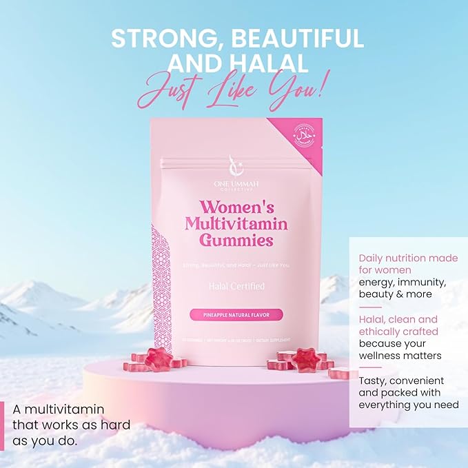 Halal Certified Women’s Multivitamin Gummies - Vegan, Easy Digestion, & High Absorption - Packed with Essential Nutrients, Omega-3, Folate & Biotin for Energy, Beauty, and Wellness - Tasty 30 ct Gummy