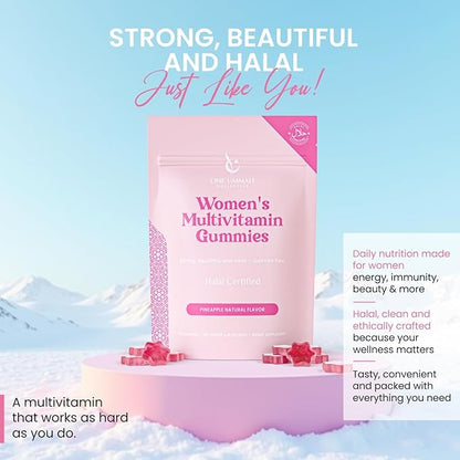 Halal Certified Women’s Multivitamin Gummies - Vegan, Easy Digestion, & High Absorption - Packed with Essential Nutrients, Omega-3, Folate & Biotin for Energy, Beauty, and Wellness - Tasty 30 ct Gummy